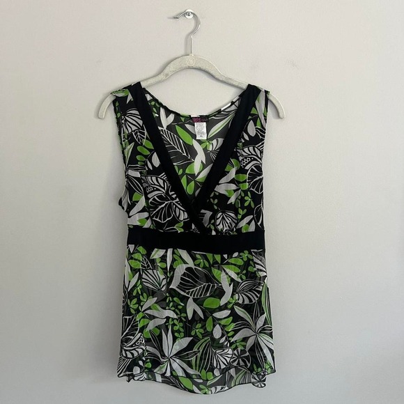 Y2K GREEN AND BLACK AGENDA FLORAL PRINT SHEER TIE BACK TANK TOP - Picture 2 of 8